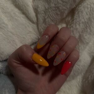 Colorful Nail Art with Yellow and Red Accents Press on Nails